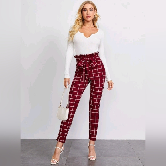 SHEIN Clasi Paperbag Waist Belted Grid Pants Size Large - Picture 3 of 6